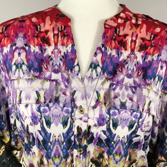 Calvin Klein- Button up, roll sleeve top, multi colored - Picture 3 of 11